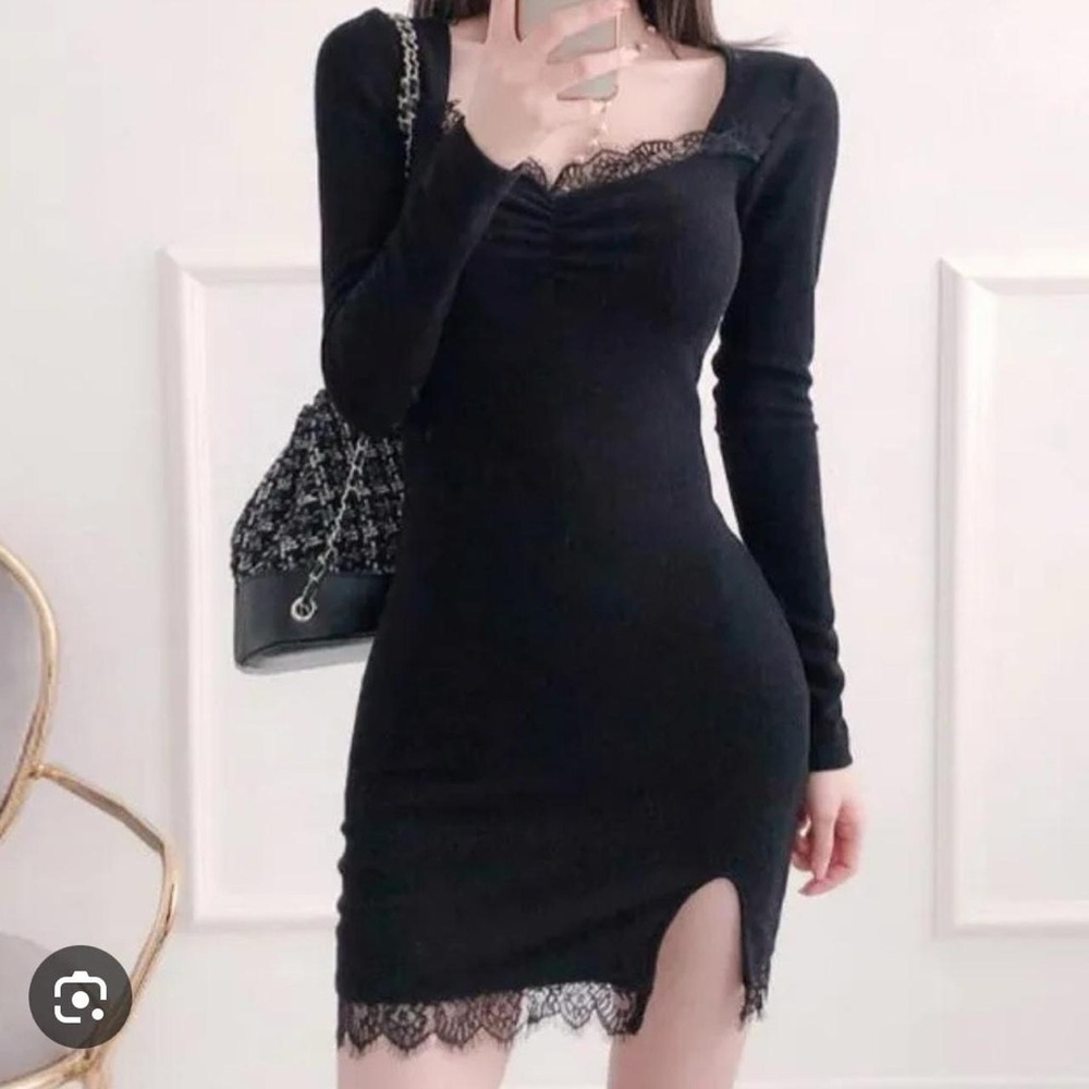 YesStyle Black Long Sleeve Lace Dress